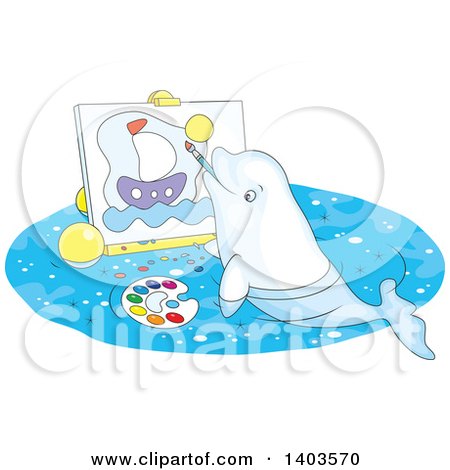 Clipart of a Cartoon Cute Beluga Whale Painting a Sailboat on Canvas - Royalty Free Vector Illustration by Alex Bannykh