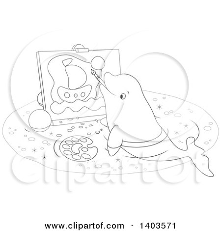 Clipart of a Black and White Lineart Cute Beluga Whale Painting a Sailboat on Canvas - Royalty Free Vector Illustration by Alex Bannykh