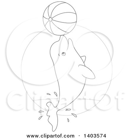 Clipart of a Black and White Lineart Beluga Whale Jumping with a Beach Ball - Royalty Free Vector Illustration by Alex Bannykh