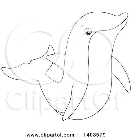 Clipart of a Black and White Lineart Dolphin Swimming or Jumping - Royalty Free Vector Illustration by Alex Bannykh