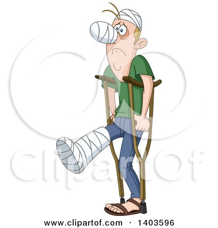 Clipart of a Cartoon Injured Caucasian Man Covered in Casts and Using Crutches - Royalty Free Vector Illustration by yayayoyo