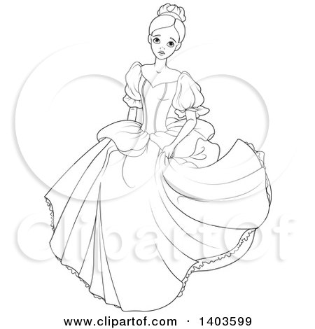 Clipart of a Black and White Lineart Worried Princess, Cinderella - Royalty Free Vector Illustration by Pushkin