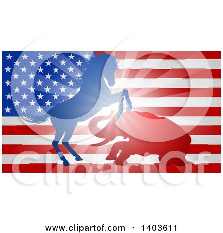 Clipart of a Silhouetted Political Aggressive Democratic Donkey or Horse and Republican Elephant Battling over an American Flag and Burst - Royalty Free Vector Illustration by AtStockIllustration