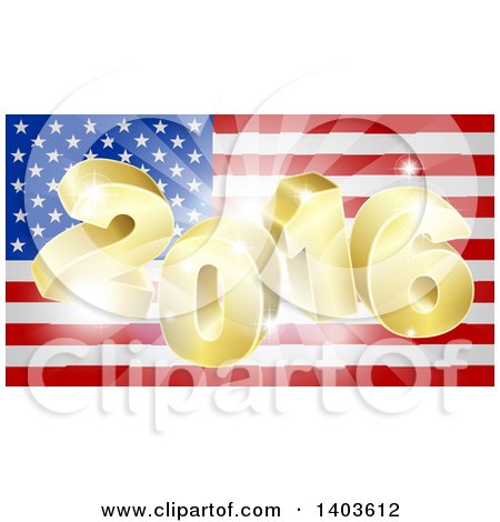 Clipart of a 3d Golden 2016 Burst over an American Flag and Fireworks - Royalty Free Vector Illustration by AtStockIllustration