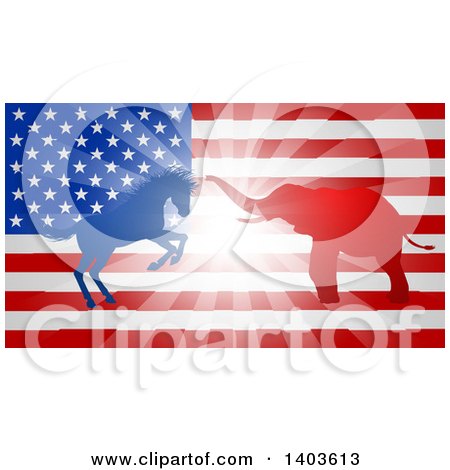 Clipart of a Silhouetted Political Aggressive Democratic Donkey or Horse and Republican Elephant Battling over an American Flag and Burst - Royalty Free Vector Illustration by AtStockIllustration
