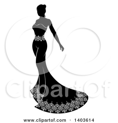 Clipart of a Silhouetted Black and White Bride in Her Dress - Royalty Free Vector Illustration by AtStockIllustration