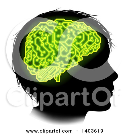 Clipart of a Black Silhouetted Boy's Head in Profile, with Green Glowing Circuit Brain - Royalty Free Vector Illustration by AtStockIllustration