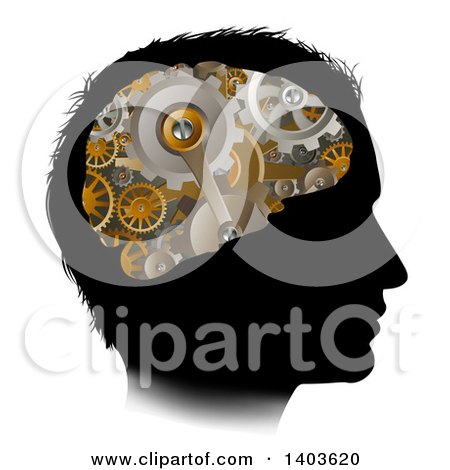 Clipart of a Black Silhouetted Man's Head with 3d Gear Cogs Visible in His Brain - Royalty Free Vector Illustration by AtStockIllustration