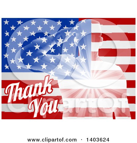 Clipart of a Silhouetted Transparent Saluting Soldier over an American Flag and Thank You Text for Veterans Day - Royalty Free Vector Illustration by AtStockIllustration