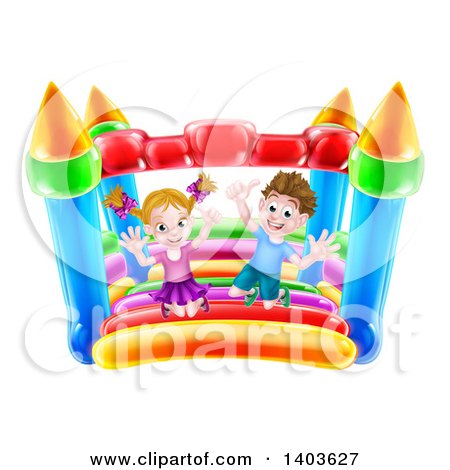 Clipart of a Cartoon Happy Caucasian Boy and Girl Jumping on a Bouncy House Castle - Royalty Free Vector Illustration by AtStockIllustration