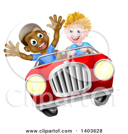 Clipart of a Happy White Boy Driving a Black Boy and Catching Air in a Convertible Car - Royalty Free Vector Illustration by AtStockIllustration
