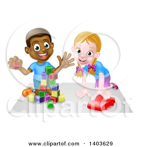 Clipart of a Happy Black Boy Playing with Blocks and White Girl Playing with a Car - Royalty Free Vector Illustration by AtStockIllustration