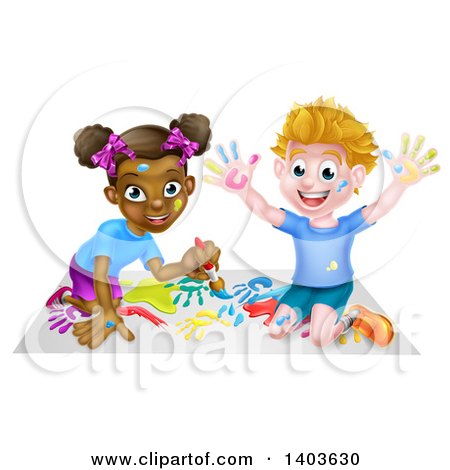 Clipart of a Cartoon Happy White Boy and Black Girl Painting Artwork - Royalty Free Vector Illustration by AtStockIllustration