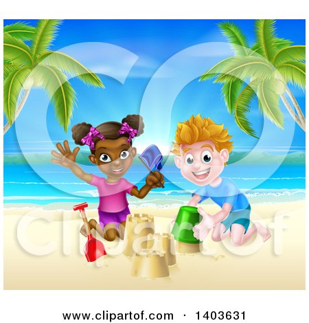 Clipart of a Happy White Boy and Black Girl Playing and Making Sand Castles on a Tropical Beach - Royalty Free Vector Illustration by AtStockIllustration
