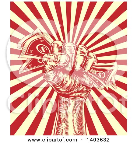 Clipart of a Retro Engraved Revolutionary Fist Holding Money over a Red and Yellow Burst - Royalty Free Vector Illustration by AtStockIllustration