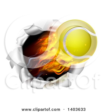 Clipart of a 3d Flying and Blazing Tennis Ball with a Trail of Flames, Breaking Through a Wall - Royalty Free Vector Illustration by AtStockIllustration