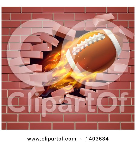 Clipart of a 3d Flying and Blazing American Football with a Trail of Flames, Breaking Through a Brick Wall - Royalty Free Vector Illustration by AtStockIllustration