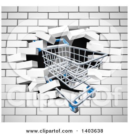Clipart of a Shopping Cart Crashing Through a 3d White Brick Wall - Royalty Free Vector Illustration by AtStockIllustration