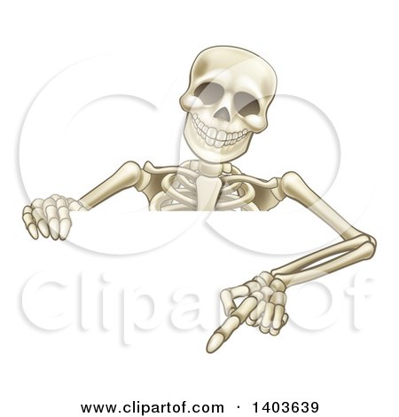 Clipart of a Cartoon Human Skeleton Pointing down over a Sign - Royalty Free Vector Illustration by AtStockIllustration