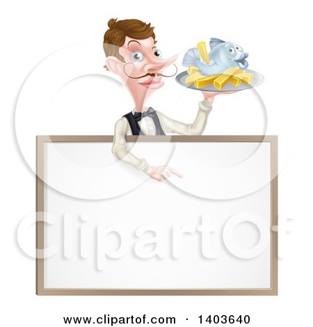 Clipart of a White Male Waiter with a Curling Mustache, Holding Fish and a Chips and Pointing down over a Menu or Blank Sign - Royalty Free Vector Illustration by AtStockIllustration