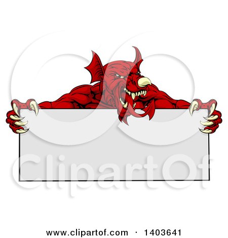 Clipart of a Muscular Aggressive Red Welsh Dragon Man Mascot Holding a Blank Sign - Royalty Free Vector Illustration by AtStockIllustration