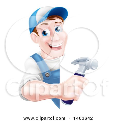 Clipart of a Happy Middle Aged Brunette Caucasian Worker Man Holding a Hammer Around a Sign - Royalty Free Vector Illustration by AtStockIllustration