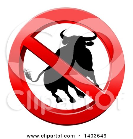 Clipart of a No Bull Black Silhouetted Bovine in a Shiny Red Prohibited Symbol - Royalty Free Vector Illustration by AtStockIllustration