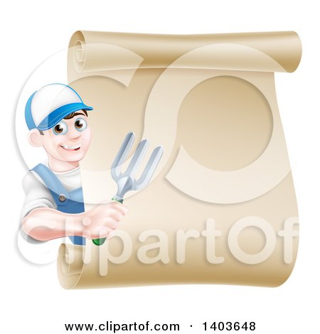 Clipart of a Happy Young Brunette White Male Gardener in Blue, Holding a Garden Fork Around a Scroll Sign - Royalty Free Vector Illustration by AtStockIllustration
