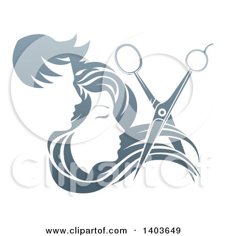Clipart of a Pair of Scissors Cutting Hair in Front of Male and Female Faces - Royalty Free Vector Illustration by AtStockIllustration