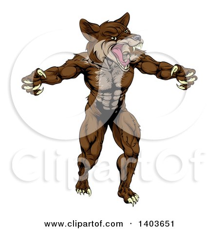 Clipart of a Muscular Vicious Brown Coyote or Wolf Man - Royalty Free Vector Illustration by AtStockIllustration