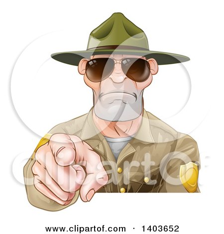 Clipart of a Tough and Angry White Male Forest Ranger Pointing Outwards and Wearing Sunglasses - Royalty Free Vector Illustration by AtStockIllustration