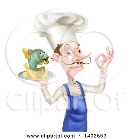 Clipart of a White Male Chef with a Curling Mustache, Gesturing Ok and Holding a Fish and Chips on a Tray - Royalty Free Vector Illustration by AtStockIllustration