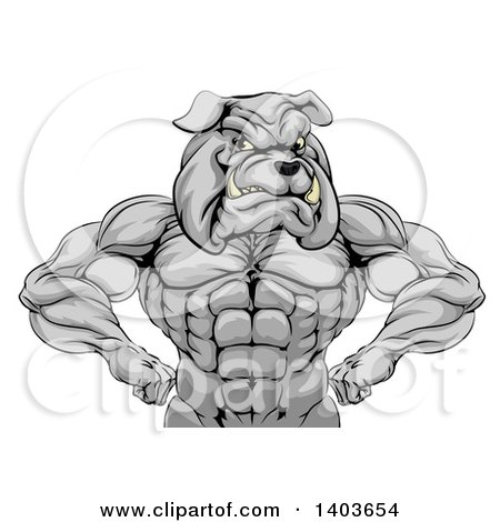 Clipart of a Muscular Tough Gray Bulldog Man Mascot Flexing, from the Waist up - Royalty Free Vector Illustration by AtStockIllustration