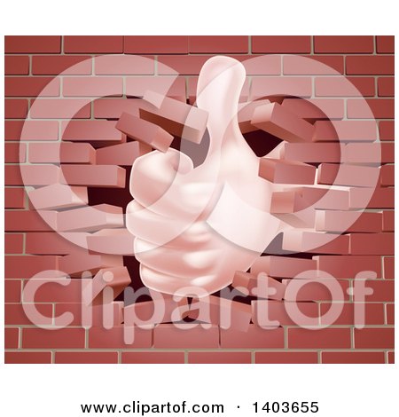 Clipart of a Caucasian Hand Giving a Thumb up and Breaking Through a Brick Wall - Royalty Free Vector Illustration by AtStockIllustration