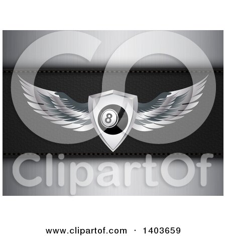 Clipart of a 3d Number Eight Lottery, Bingo or Billiards Ball in a Winged Shield over a Black Leather Panel on Brushed Metal - Royalty Free Vector Illustration by elaineitalia