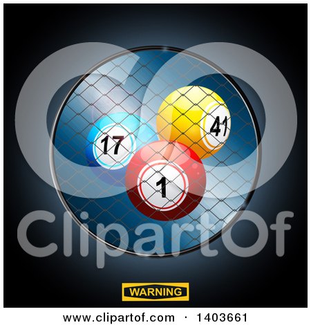 Clipart of 3d Bingo or Lottery Balls in a Cage over a Warning Sign - Royalty Free Vector Illustration by elaineitalia