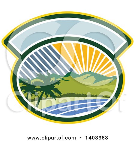 Clipart of a Retro Tropical Landscape with Palm Trees, Mountains and the Coast at Sunset or Sunrise in an Oval - Royalty Free Vector Illustration by patrimonio