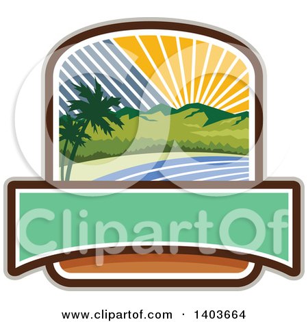 Clipart of a Retro Tropical Landscape with Palm Trees, Mountains and the Coast at Sunset or Sunrise Crest Design - Royalty Free Vector Illustration by patrimonio