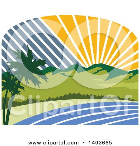 Clipart of a Retro Tropical Landscape with Palm Trees, Mountains and the Coast at Sunset or Sunrise - Royalty Free Vector Illustration by patrimonio