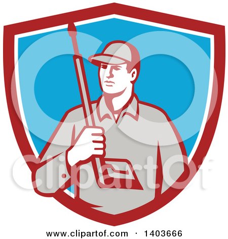 Clipart of a Retro Male Pressure Washer Worker Holding a Washing Gun in a Red White and Blue Shield - Royalty Free Vector Illustration by patrimonio