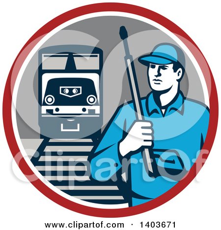 Clipart of a Retro Male Pressure Washer Worker in a Circle with a Train and Tracks - Royalty Free Vector Illustration by patrimonio