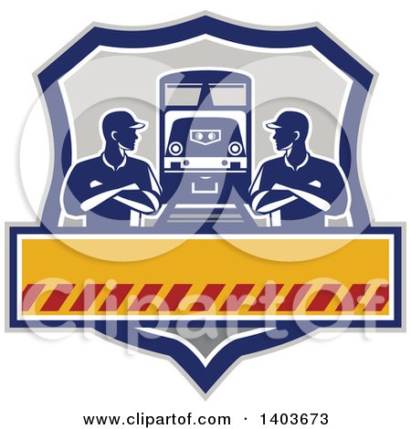 Clipart of Retro Male Engineer Workers with Folded Arms, Looking at Each Other by a Train in a Shield - Royalty Free Vector Illustration by patrimonio