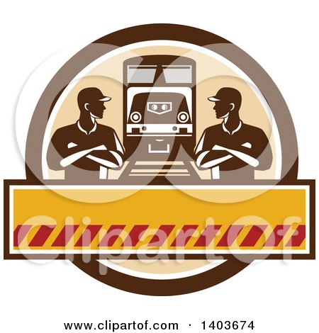 Clipart of Retro Male Engineer Workers with Folded Arms, Looking at Each Other by a Train in a Brown Circle - Royalty Free Vector Illustration by patrimonio