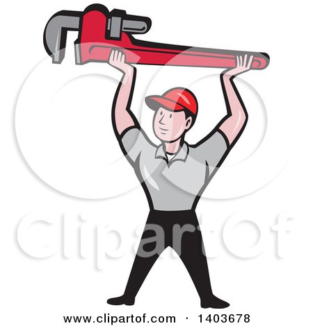 Clipart of a Retro Cartoon White Male Plumber Holding up a Giant Monkey Wrench - Royalty Free Vector Illustration by patrimonio