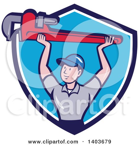 Clipart of a Retro Cartoon White Male Plumber Holding up a Giant Monkey Wrench in a Blue and White Shield - Royalty Free Vector Illustration by patrimonio