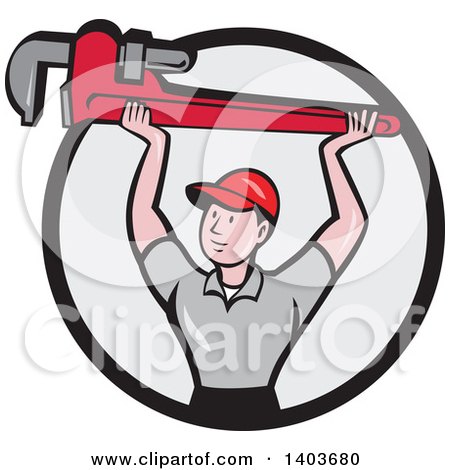 Clipart of a Retro Cartoon White Male Plumber Holding up a Giant Monkey Wrench in a Black and Gray Circle - Royalty Free Vector Illustration by patrimonio