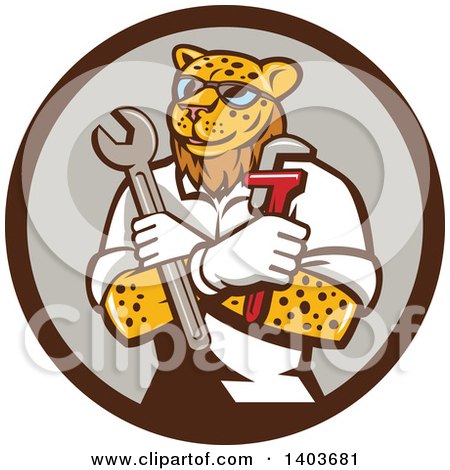Clipart of a Leopard Plumber or Mechanic Holding Spanner and Monkey Wrenches in Folded Arms in a Circle - Royalty Free Vector Illustration by patrimonio