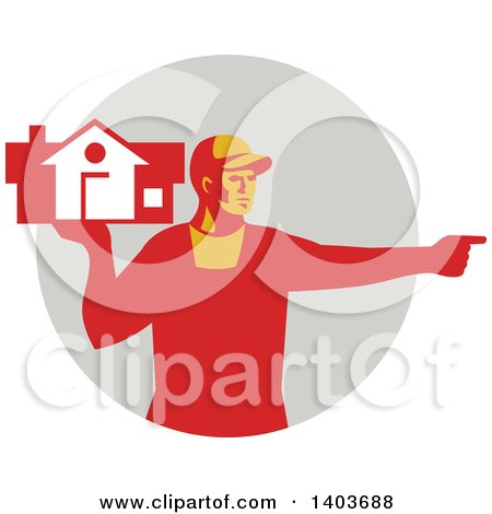 Clipart of a Retro Male House Remover or Mover Holding a Home and Pointing, in Red Tones over a Gray Circle - Royalty Free Vector Illustration by patrimonio
