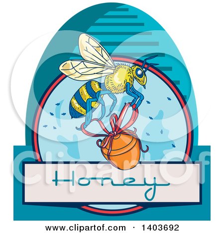 Clipart of a Sketched Design of a Worker Bee Flying with a Honey Jar - Royalty Free Vector Illustration by patrimonio