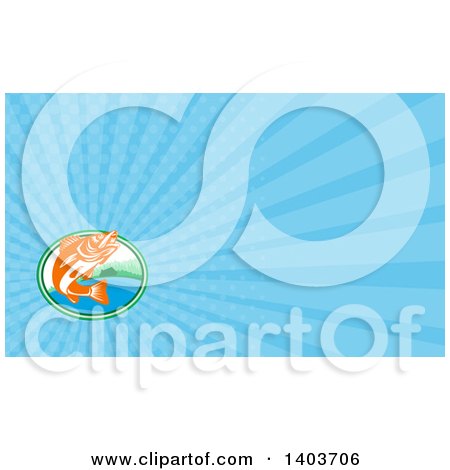 Clipart of a Retro Orange and White Walleye Fish Jumping in Front of a Lake Front Cabin and Blue Rays Background or Business Card Design - Royalty Free Illustration by patrimonio